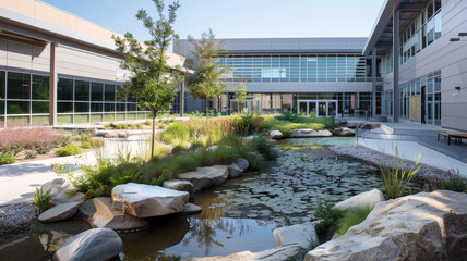 Highlight the open courtyard of an environmental science lab with natural landscaping and water features 