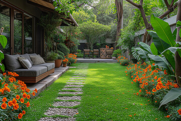 Green lawn with a path leading through it and a patio with a bench and chairs