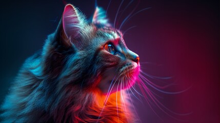 Close-Up Portrait of a Long-Haired Cat Illuminated by Pink and Blue Lights