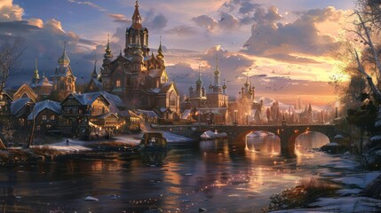 Obraz premium Realistic Fantasy Village with Wildlife Ambiance