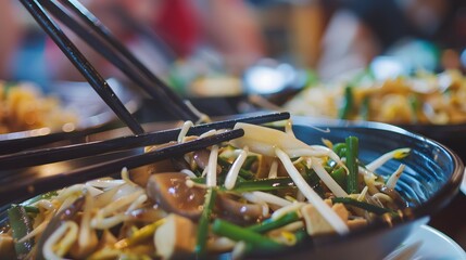 Stir-fry vegetables with mushrooms and bean sprouts in a dark bowl, served with chopsticks