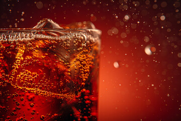 Cola with ice. Fresh cold sweet drink with ice cubes