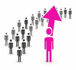 Successful candidate for job employment. Clipart of one person standing out among many people, white background with pink arrow pointing to the single man who stands above all others