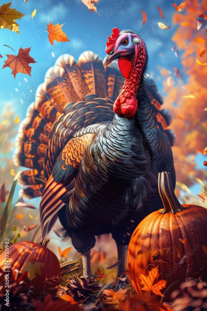 Poster turkey in pumpkin field