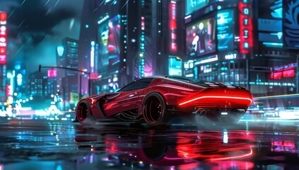 Futuristic car driving on the streets of a cyberpunk city, with neon lights and reflections on wet roads.