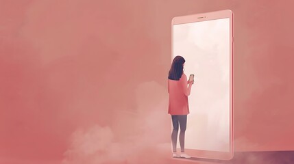 Female interacting with a large mobile screen, dusty rose background, exploring technology.