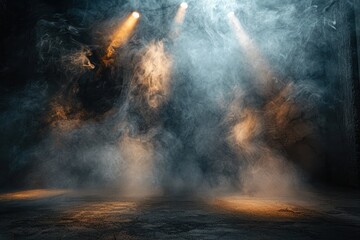 A dark room with smoke and light shining on it