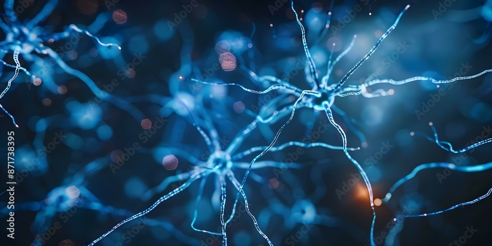Poster illustration of neural network on dark background representing brain function comprehension. concept
