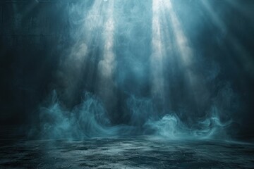 Fototapeta premium A dark room with blue smoke and light shining through