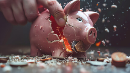 Piggy Bank Smash, Desperate Hand Breaking Open Savings