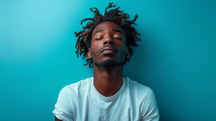 Obraz premium Man With Dreadlocks in White T-Shirt Against Teal Background