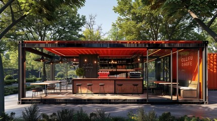 A modern, stylish outdoor bar constructed from a modified shipping container. The bar features a sleek design with a wooden roof extension. Generative AI.