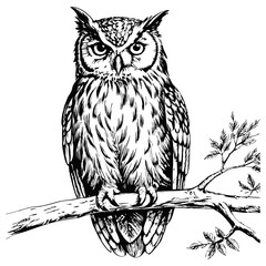 Fototapeta premium Sketch of an owl perched on a branch, front view, on a white background