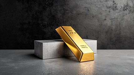 On the right side of the image, a gold bar shines brilliantly against a stark black and gray background. The bar's lustrous finish stands out against the minimalist backdrop, exuding an aura of