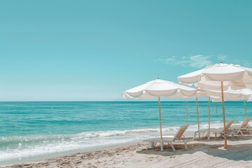 Fototapeta premium A beach scene with a blue ocean and white umbrellas