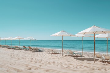 Fototapeta premium A beach with many umbrellas and chairs