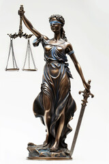 Bronze statue of lady justice blindfolded and holding scales and a sword, embodying the concept of law, fairness, and justice