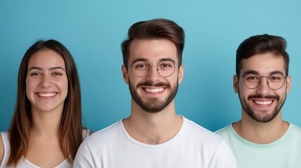 Fototapeta premium Three people with glasses and beards are smiling for the camera. Concept of camaraderie and friendship, as the three individuals are posing together in a group
