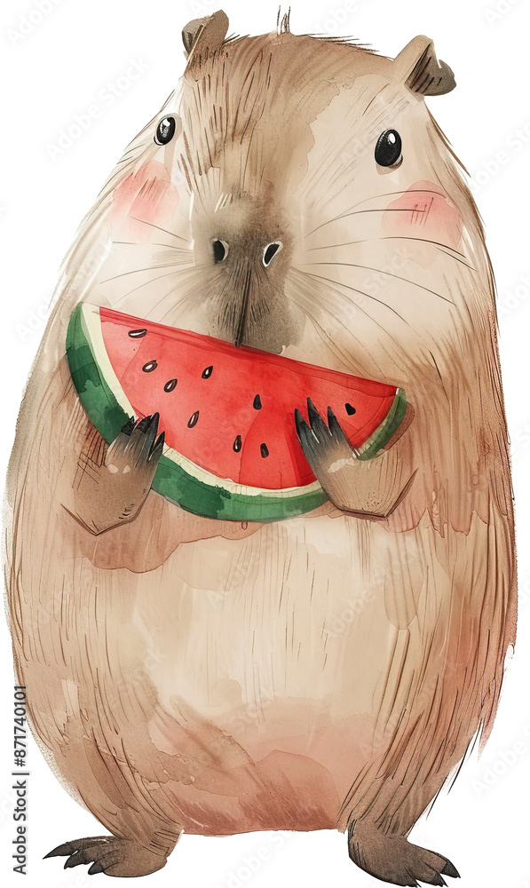 Wall mural Cute Capybara eating watermelon isolated on transparent background. PNG