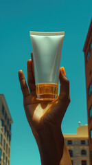 Skincare product mockup photography, white flask held inside hand against blue sky with skyscrapers