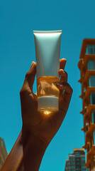 Beauty product mockup photography, flask held inside hand against blue sky with skyscrapers in the city