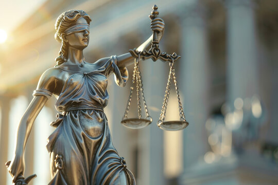 Bronze statue of lady justice holding scales and a sword, in front of a courthouse, symbolizing justice, law, and order
