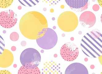 Colorful pastel geometric background pattern with circles, dots and chevron shapes in light pink, yellow, and purple colors, cute summer pattern for design, colors reminiscent of 80s retro posters