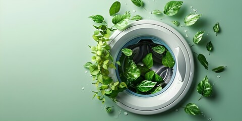 Greenwashing washing machine banner with copy space for ecofriendly products. Concept Ecofriendly Appliances, Green Living, Sustainable Choices, Environmental Awareness, Household Innovations