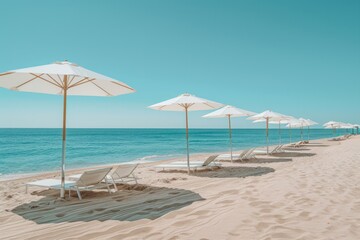A beach with a row of white umbrellas and chairs