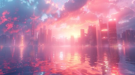 Obraz premium A City Skyline at Sunset With Pink Clouds and Reflections on the Water