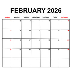 february 2026 with holydays or red dates. monthly calendar design with week starts on sunday. printable, simple, and clean vector design isolated on white background.