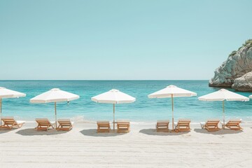 Obraz premium A beach with a row of white umbrellas and chairs