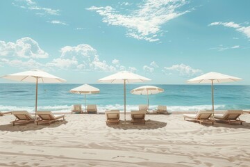 Fototapeta premium A beach with a row of white umbrellas and chairs