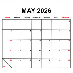 may 2026 with holydays or red dates. monthly calendar design with week starts on sunday. printable, simple, and clean vector design isolated on white background.