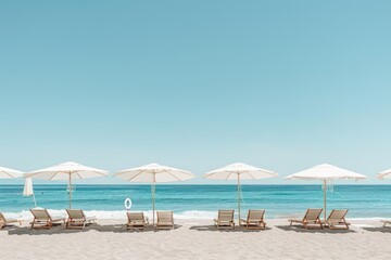 A beach with a row of white umbrellas and chairs