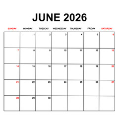 june 2026 with holydays or red dates. monthly calendar design with week starts on sunday. printable, simple, and clean vector design isolated on white background.