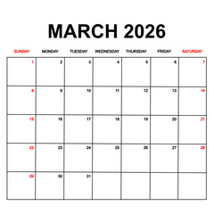 march 2026 with holydays or red dates. monthly calendar design with week starts on sunday. printable, simple, and clean vector design isolated on white background.