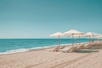 Obraz premium A beach with a large body of water and several white umbrellas