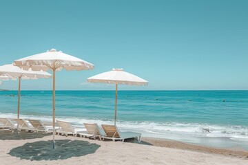 Fototapeta premium A beach with a few umbrellas and chairs