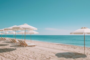 Naklejka premium A beach with many umbrellas and chairs