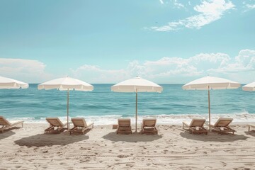 Fototapeta premium A beach scene with a row of white umbrellas and beach chairs