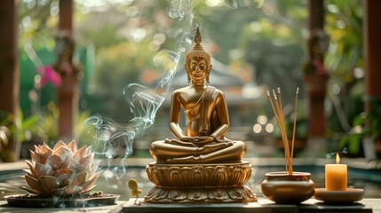 Peaceful Thai style golden buddha statue seated in a meditative pose calm peace and serene in nature environment with candle and incense sticks for relax meditation image.