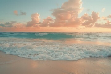 Fototapeta premium A beautiful beach scene with a large wave crashing on the shore
