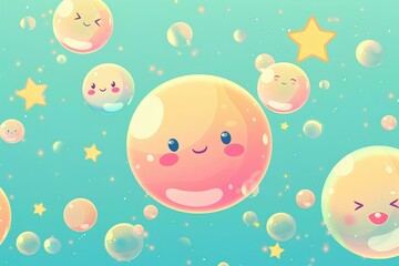 Colorful pastel soap bubbles background In style of kawaii, pastel colors, stars and sparkles, for children's room decoration, wallpaper, poster, banner, print on or t-shirt design concept
