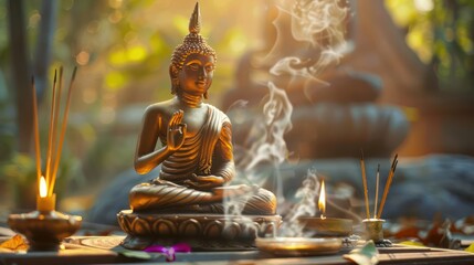 Peaceful Thai style golden buddha statue seated in a meditative pose calm peace and serene in nature environment with candle and incense sticks for relax meditation image.