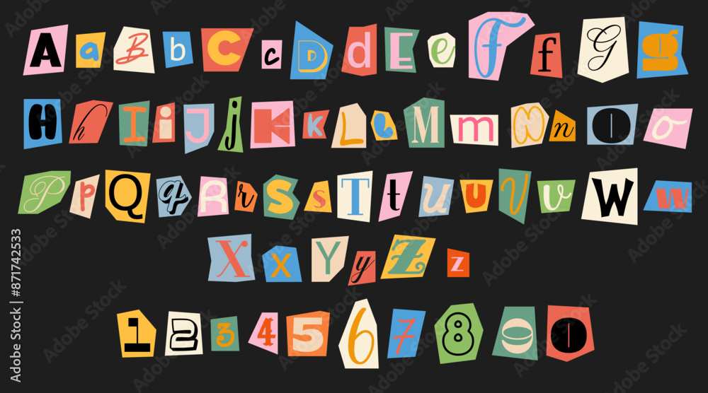 Fototapete set of colorful anonymous font. magazine cutout alphabet. cuts from newspaper. letters on pieces of 