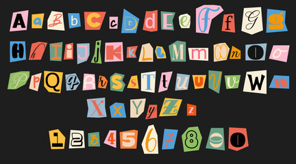Set of colorful anonymous font. Magazine cutout alphabet. Cuts from newspaper. Letters on pieces of paper in different colors. Retro grunge criminal alphabet set. For anonymous message