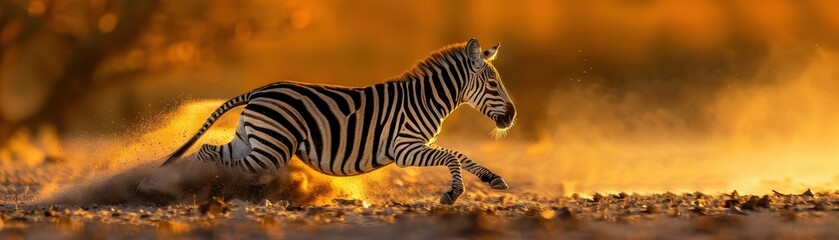 Zebra Running in the Wild at Sunset with Dust Clouds and Golden Light in the Background