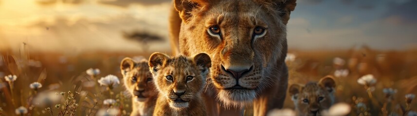 Fototapeta premium Majestic Lioness with Adorable Cubs in African Savannah at Sunset