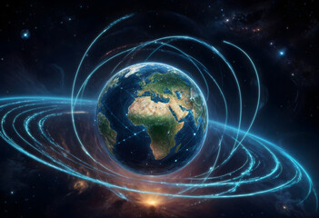 Obraz premium Earth communication network Concentric circles of radiating magnetism and wifi technology to create a global connection.